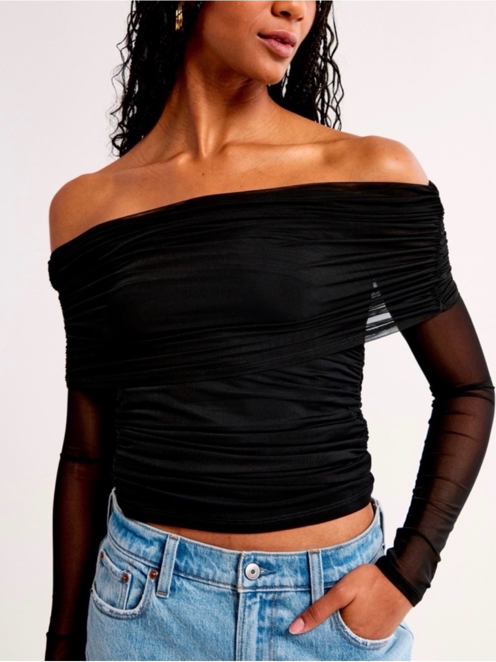 A&F Off-the-Shoulder Black Ruched Mesh Long-Sleeve